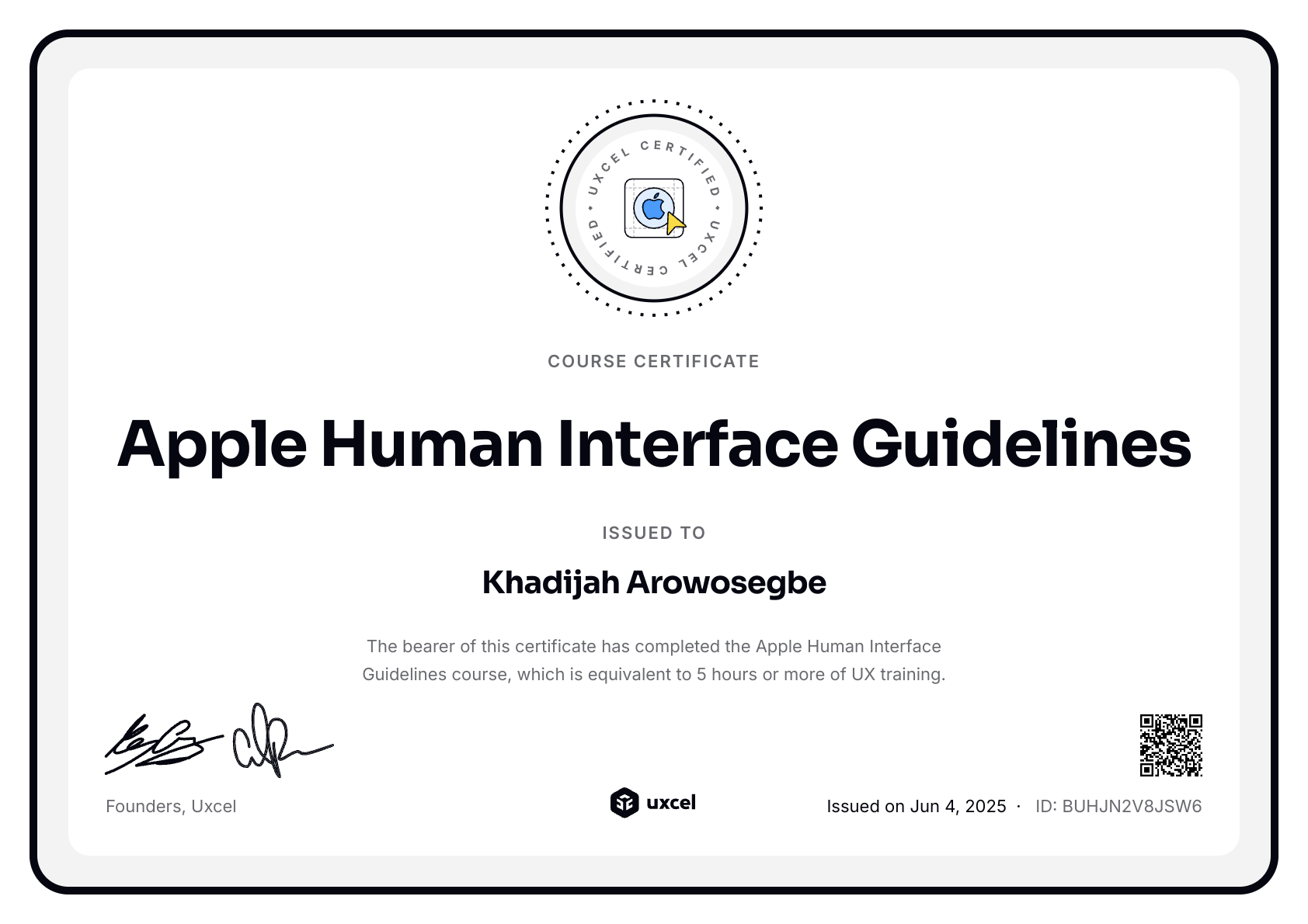 Khadijah Arowosegbe's certificate